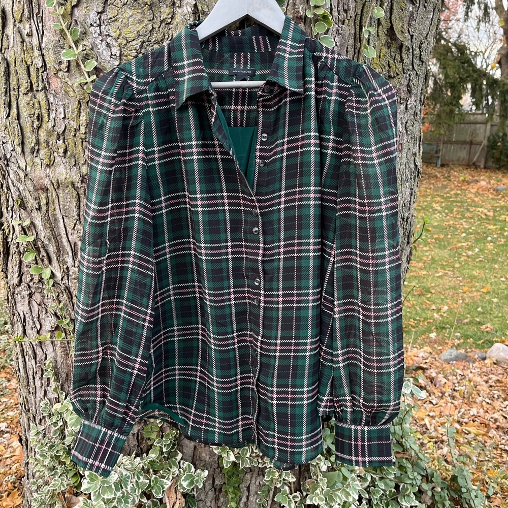 Ann Taylor Black and Green Plaid Shirt